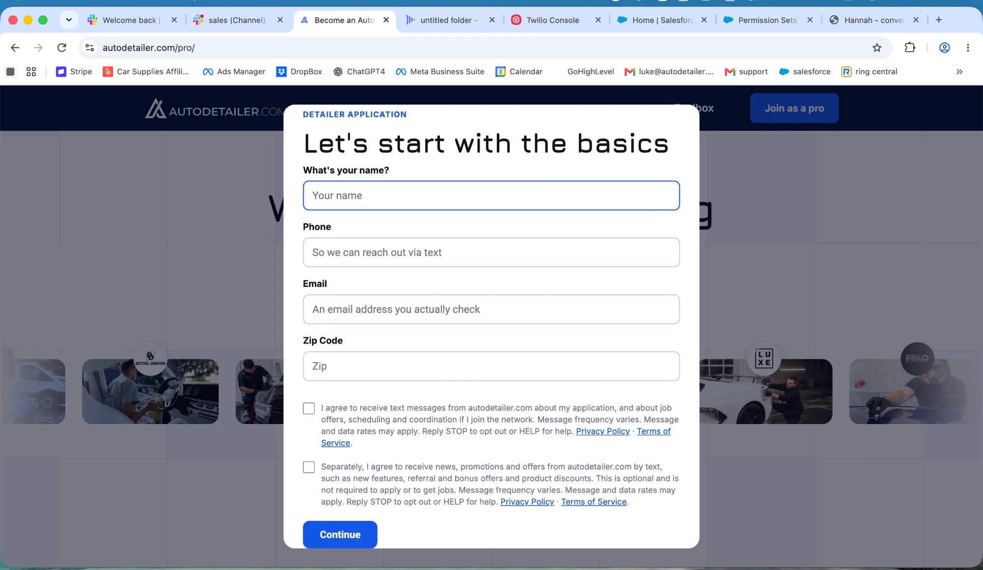The first screen of the detailer application at autodetailer.com/pro, showing name, phone, email and zip fields with two separate unticked consent checkboxes beneath them, above the Continue button