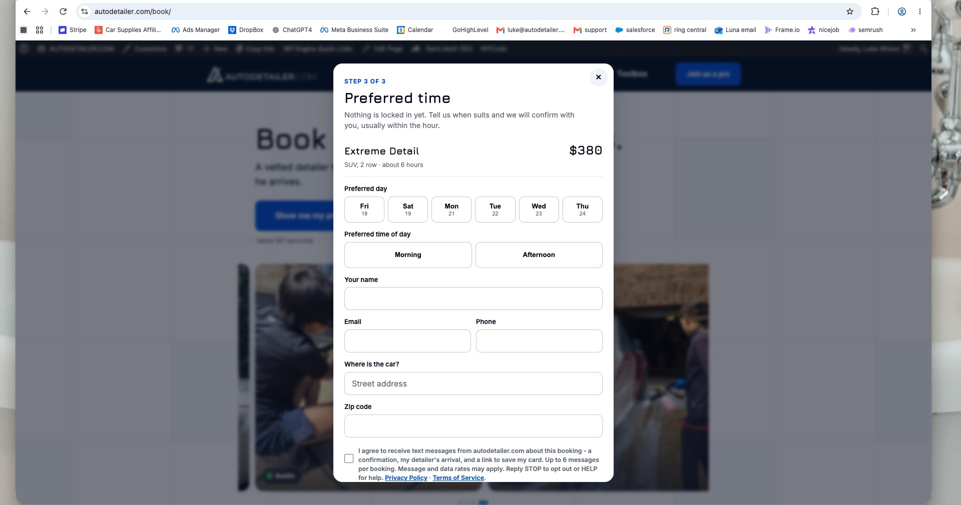 autodetailer.com/book booking form, step 3 of 3, top of the request form with the SMS consent checkbox visible at the bottom